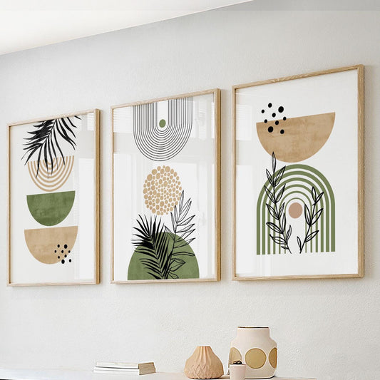 Set of 3 pastel boho prints – beige and green mid century modern wall art for neutral above bed decor.