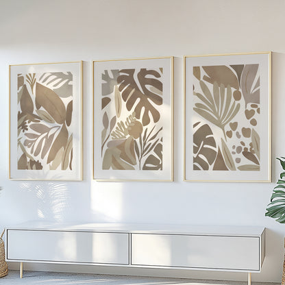 Minimalist tropical wall decor – neutral beige botanical leaf art set for calming bedroom style