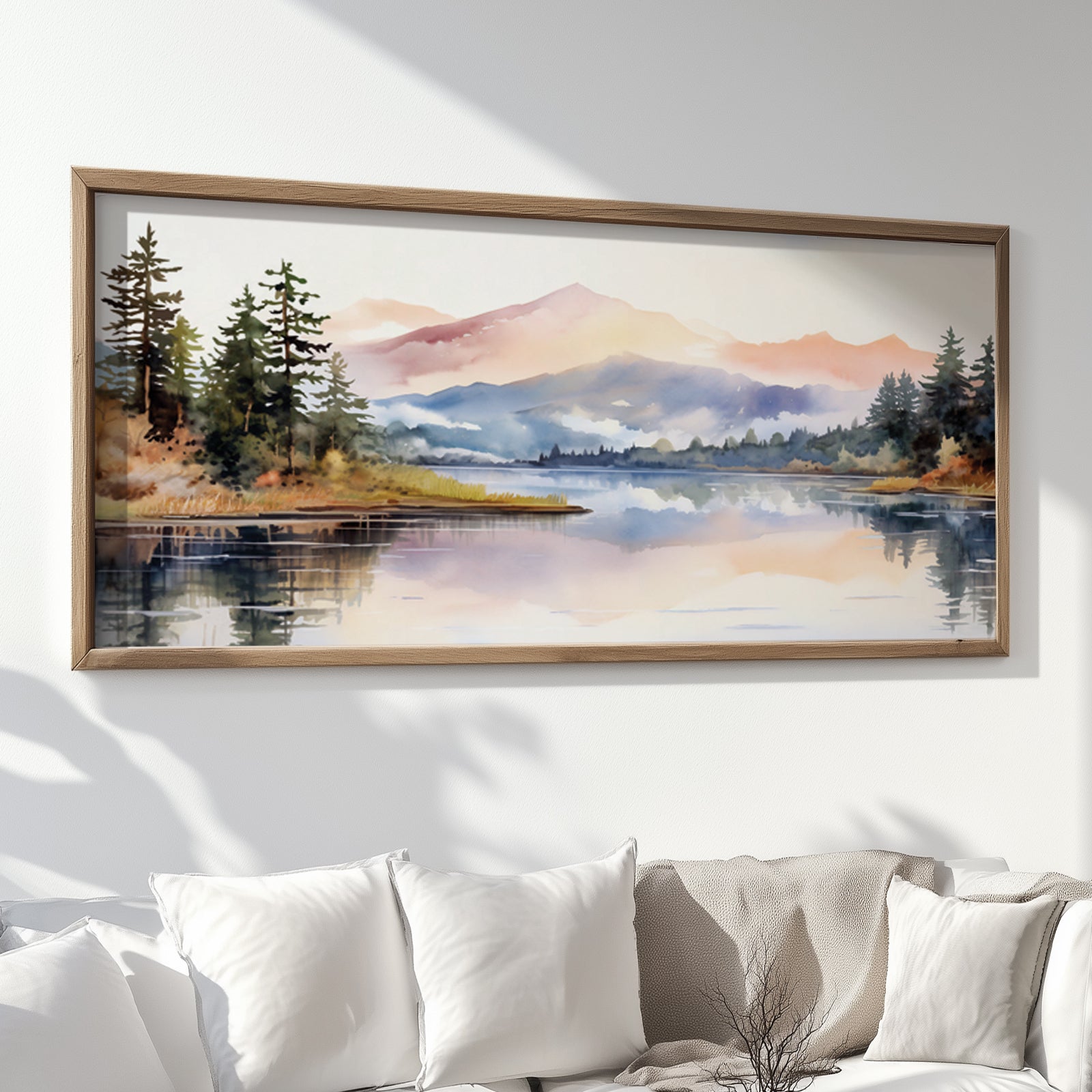 Serene abstract landscape art in long narrow format, depicting a tranquil mountain lake surrounded by pastel forests, ideal for calming interiors.