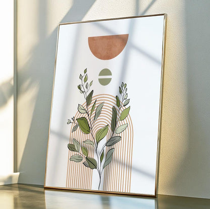 Pastel botanical boho art print with a minimalist touch for bedroom or living room decor.