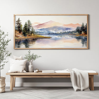 Watercolor landscape triptych in soft pastel tones, showing a scenic alpine lake and forested mountains, designed for Japandi-style gallery walls.