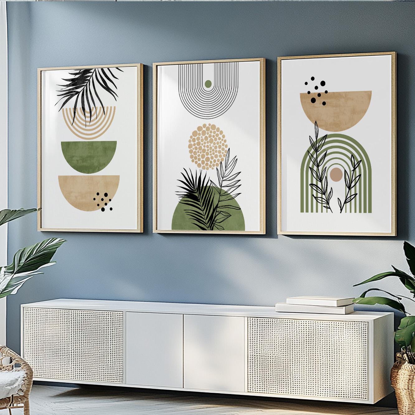 Abstract pastel boho triptych – beige and green nature-inspired wall art for calm, modern spaces.