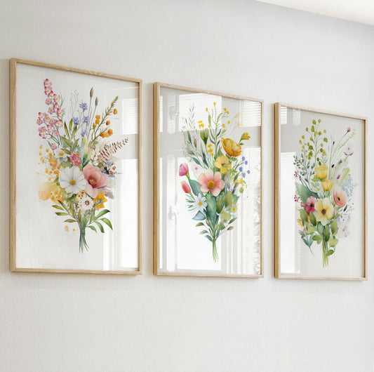 Delicate floral bouquet with blush pinks, yellow tones and greenery in a soft watercolor style.


