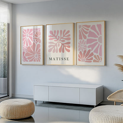 Abstract Pink Matisse Floral Print Set of 3 – Neutral Minimalist Mid Century Gallery Wall Decor, Vintage Poster Set