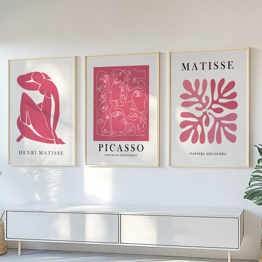 Pink Matisse Set of 3 Prints – Minimalist Mid Century Gallery Wall Set, Vintage Trendy Wall Art, Henri Matisse Print, Aesthetic Room Decor