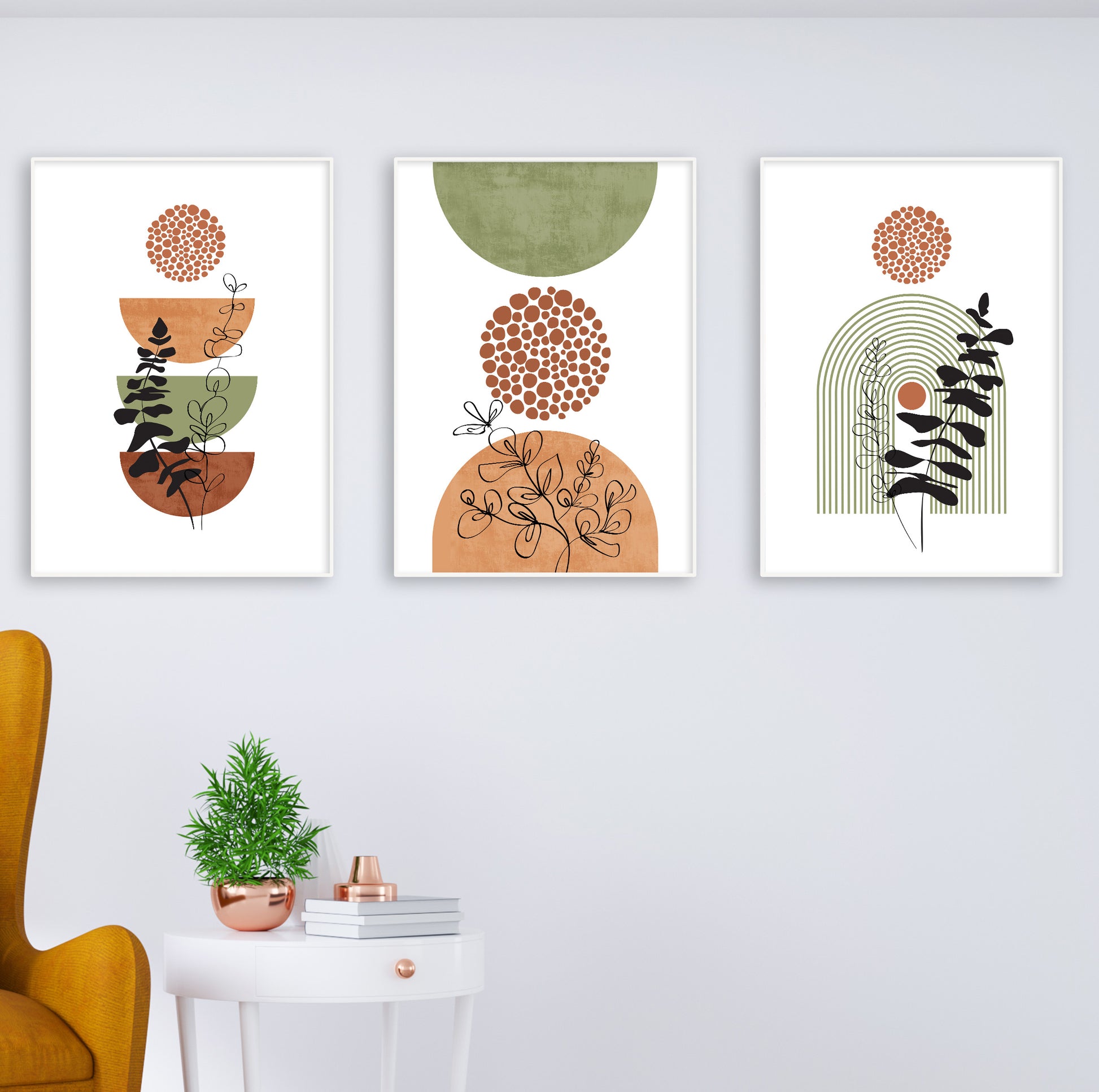 Bold contrast of black, rust, and green in contemporary plant poster trio.

