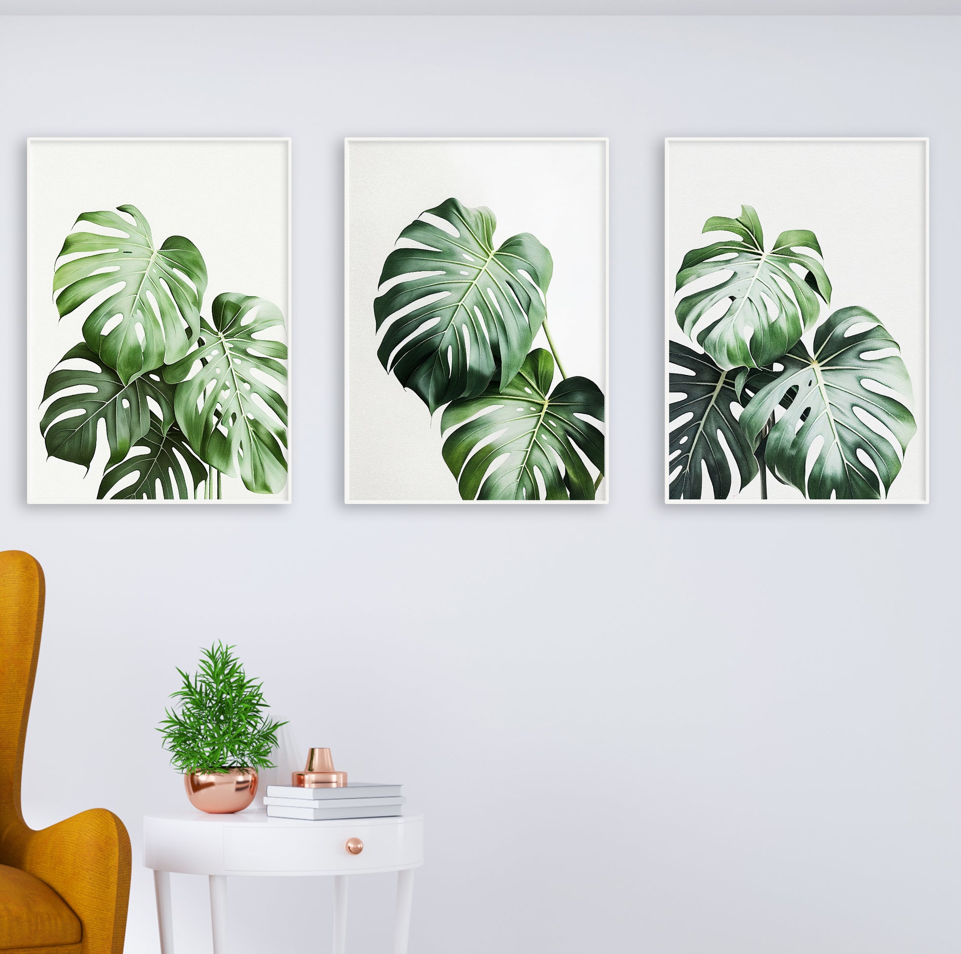 Minimalist poster set with green monstera motifs for contemporary or boho interiors.

