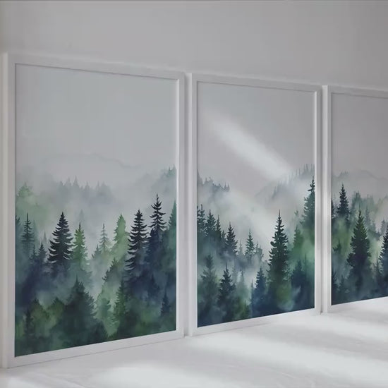 Mountain wall art set of 3 prints. Landscape foggy pine trees, mountain forest posters, nature extra large wall art, aesthetic room decor