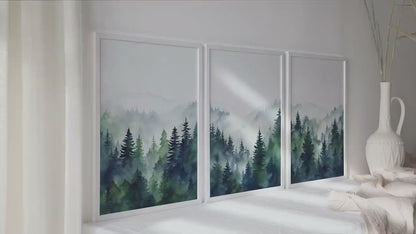 Mountain wall art set of 3 prints. Landscape foggy pine trees, mountain forest posters, nature extra large wall art, aesthetic room decor