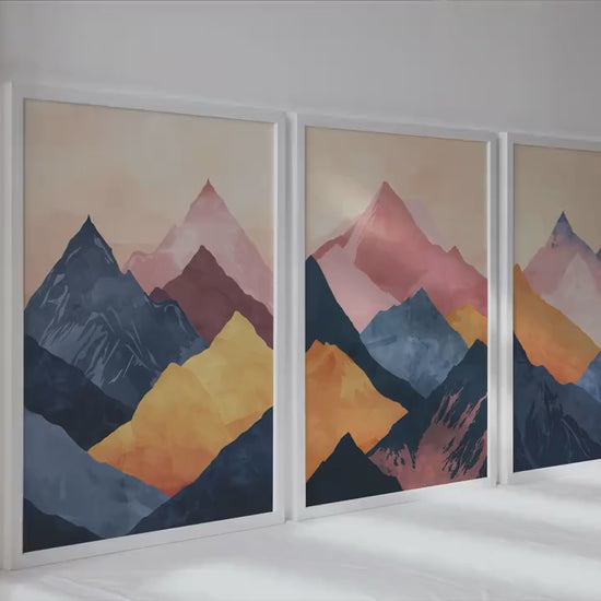 Abstract mountain gallery wall set of 3 prints. Minimalist navy blue pink landscape posters. Vibrant nature apartment wall decor