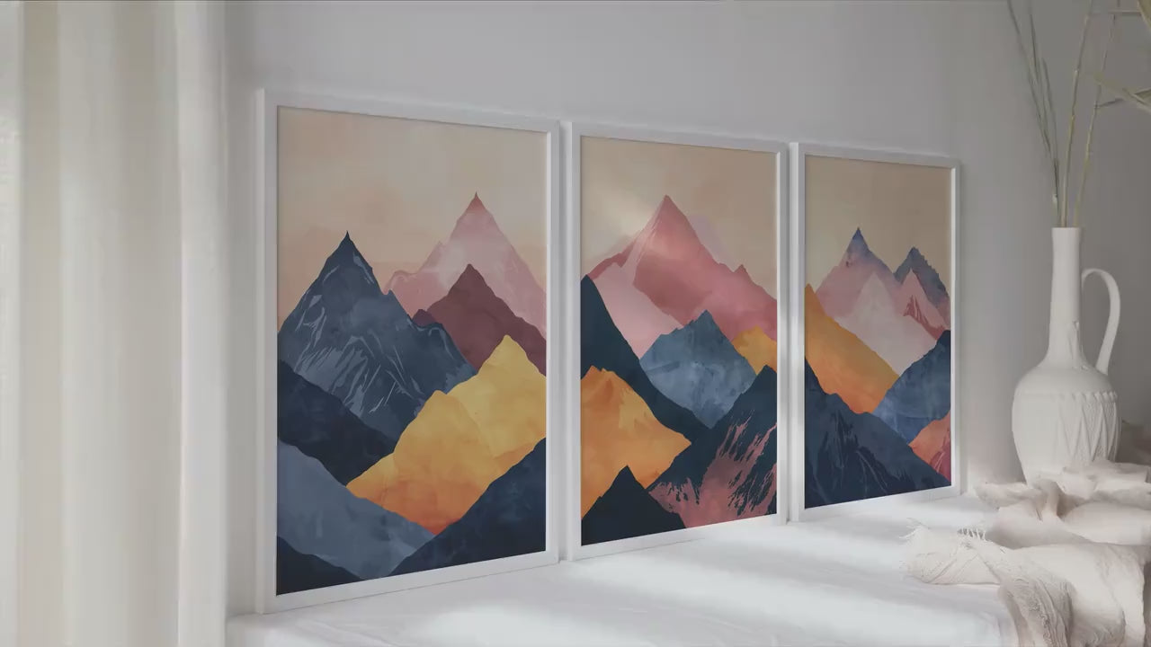 Abstract mountain gallery wall set of 3 prints. Minimalist navy blue pink landscape posters. Vibrant nature apartment wall decor