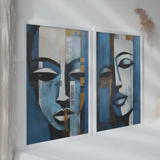 Set of 2 navy blue modern african american art print. Black woman portrait, aesthetic room decor. Abstract minimalist posters