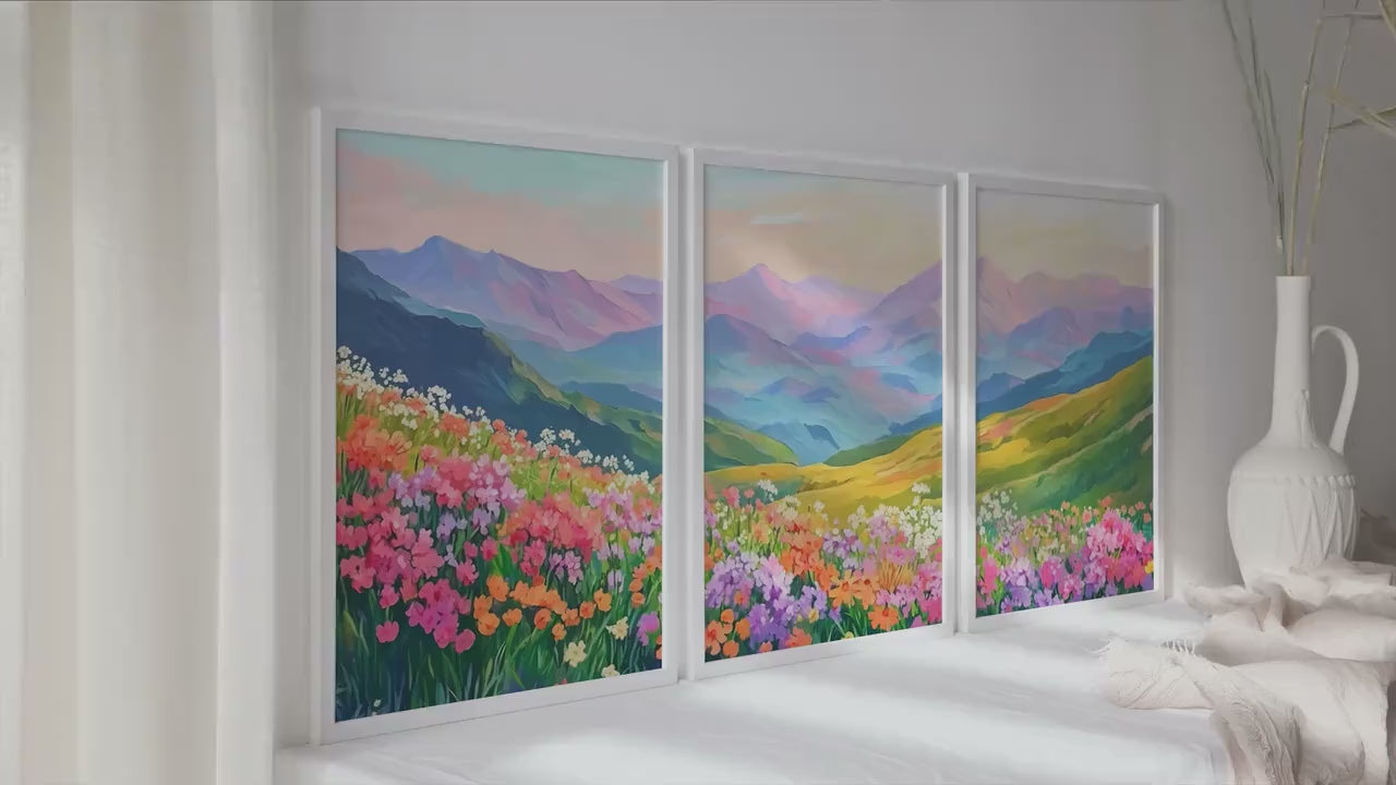 Colorful mountain wall art set of 3 print, mountain wild flowers landscape posters, modern boho nature gallery wall set, aestetic room decor