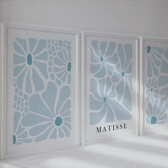 Neutral blue Matisse flower set of 3 print. Light natural minimalist mid century gallery wall set, vintage trendy bedroom wall art prints