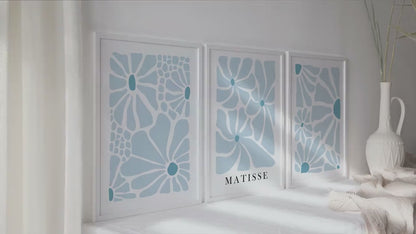 Neutral blue Matisse flower set of 3 print. Light natural minimalist mid century gallery wall set, vintage trendy bedroom wall art prints