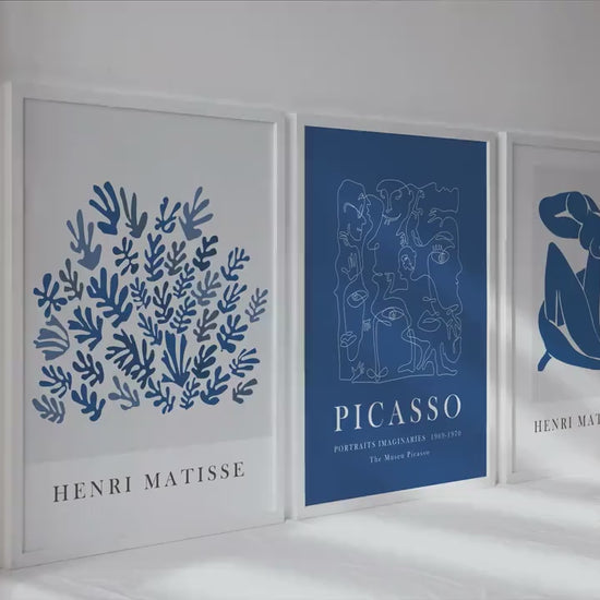 Navy blue Matisse, Picasso print set of 3. Neutral minimalist mid century gallery wall set, vintage trendy exhibition livingroom posters.