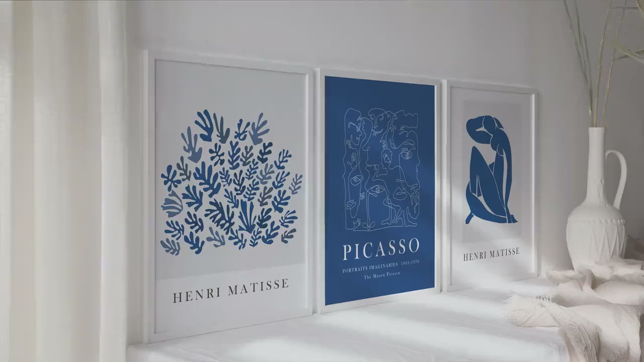 Navy blue Matisse, Picasso print set of 3. Neutral minimalist mid century gallery wall set, vintage trendy exhibition livingroom posters.