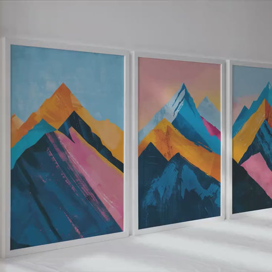 Abstract mountain gallery wall set of 3 prints. Minimalist landscape posters. Vibrant nature apartment wall decor, modern home gift idea