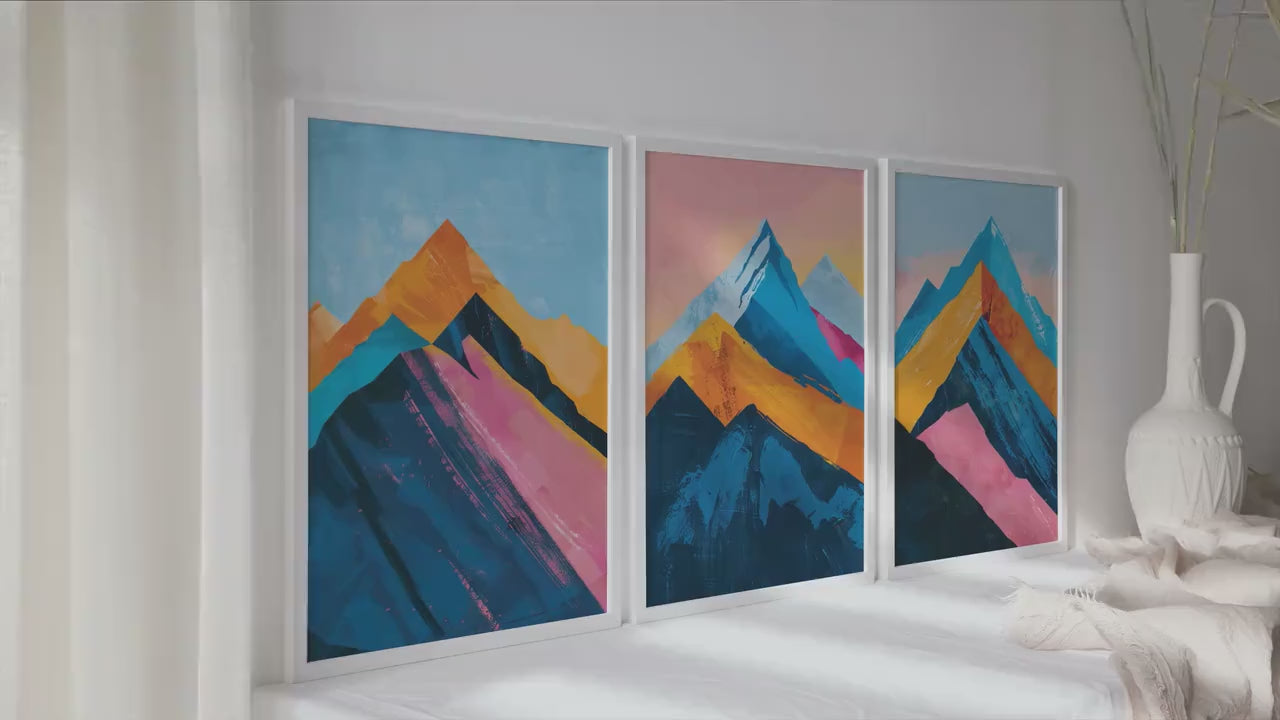 Abstract mountain gallery wall set of 3 prints. Minimalist landscape posters. Vibrant nature apartment wall decor, modern home gift idea