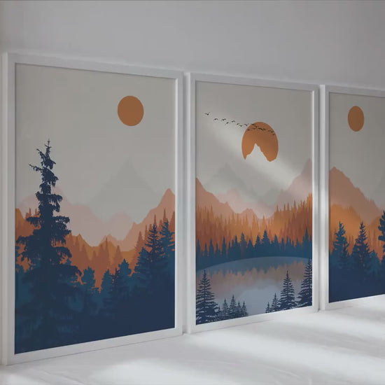 Set of 3 abstract mountain print. Modern three piece orange deep blue minimalist landscape poster, aesthetic room decor, housewarming gift