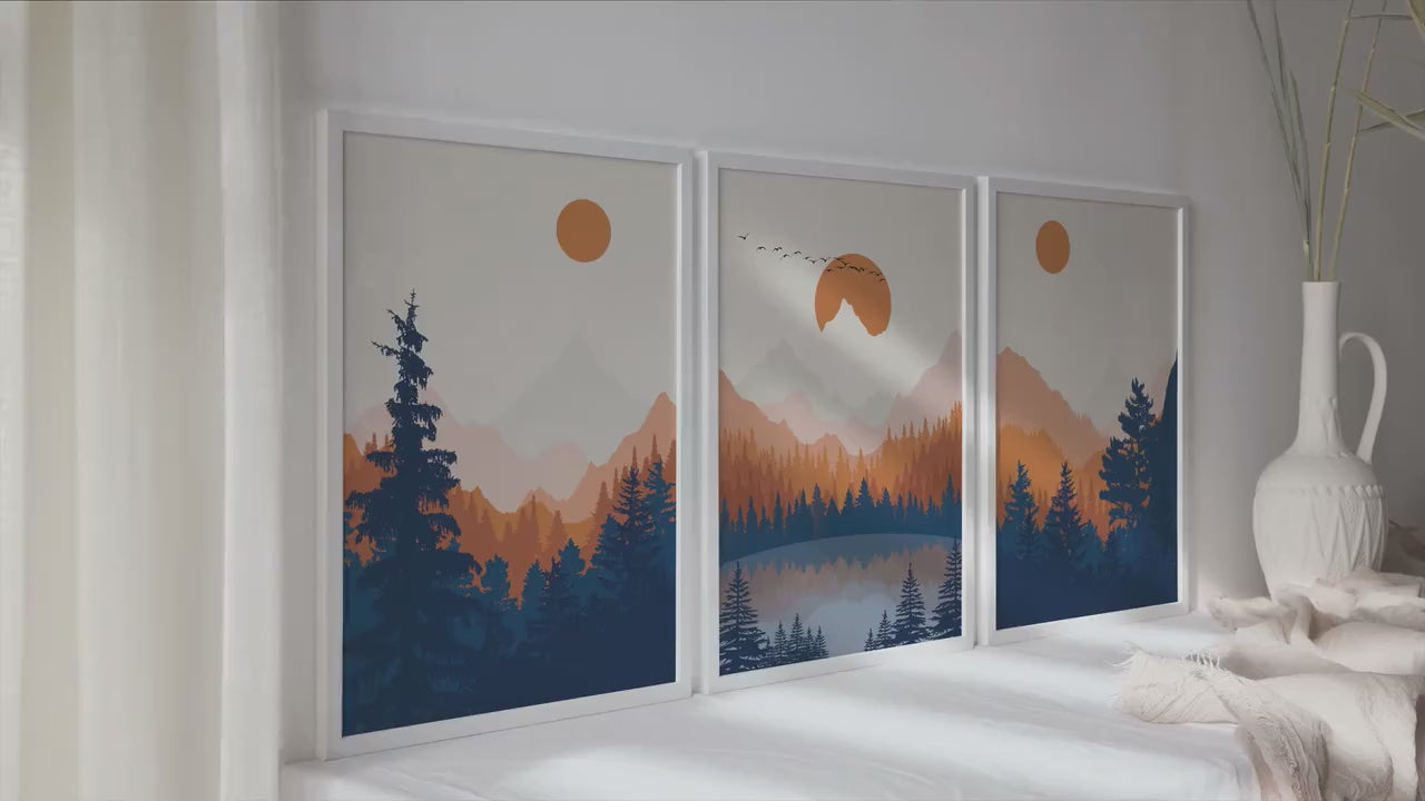 Set of 3 abstract mountain print. Modern three piece orange deep blue minimalist landscape poster, aesthetic room decor, housewarming gift