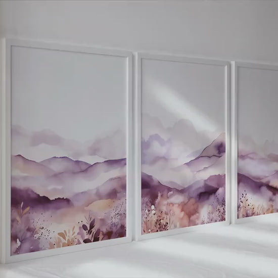 Purple minimalist mountain set of 3 print. Modern watercolor landscape gallery wall set.  Nature 3 piece wall art, lilac wall art