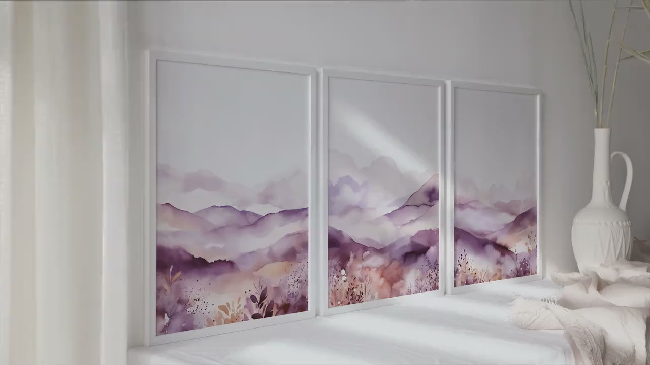 Purple minimalist mountain set of 3 print. Modern watercolor landscape gallery wall set.  Nature 3 piece wall art, lilac wall art