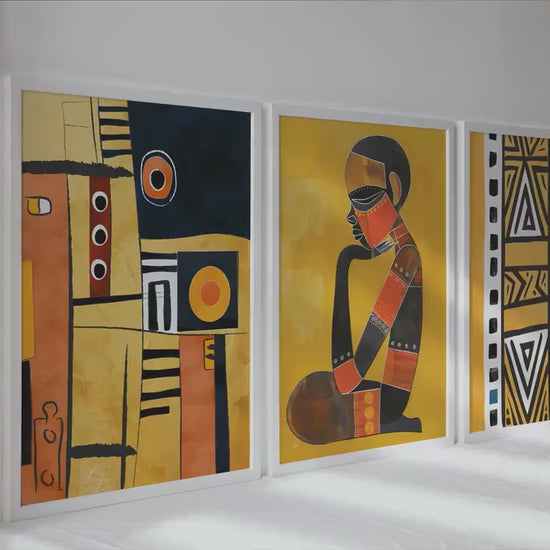 Mustard african art set of 3 print. odern ethnic gallery wall set, colorful african posters, vibrant abstract living room artwork.