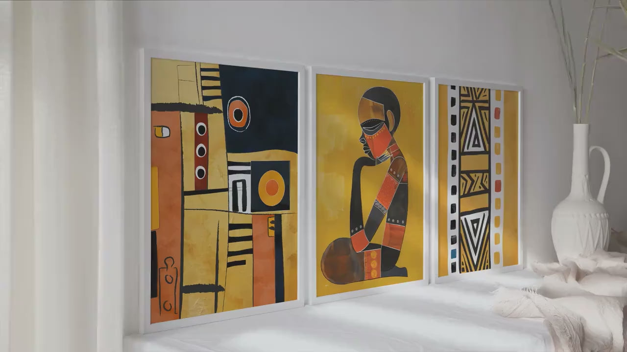 Mustard african art set of 3 print. odern ethnic gallery wall set, colorful african posters, vibrant abstract living room artwork.