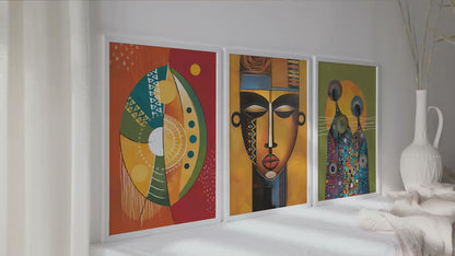 Colorful african art set of 3 print. Abstract ethnic gallery wall set. Modern vibrant apartment decor, home gift idea