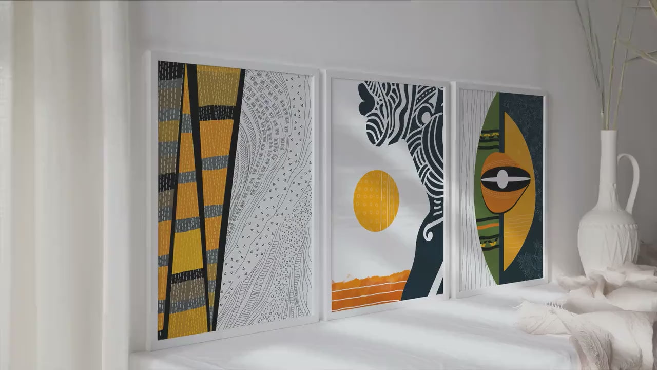 Modern african art set of 3 print. Abstract black woman gallery wall set. Contemporary colorful minimalist african room decor