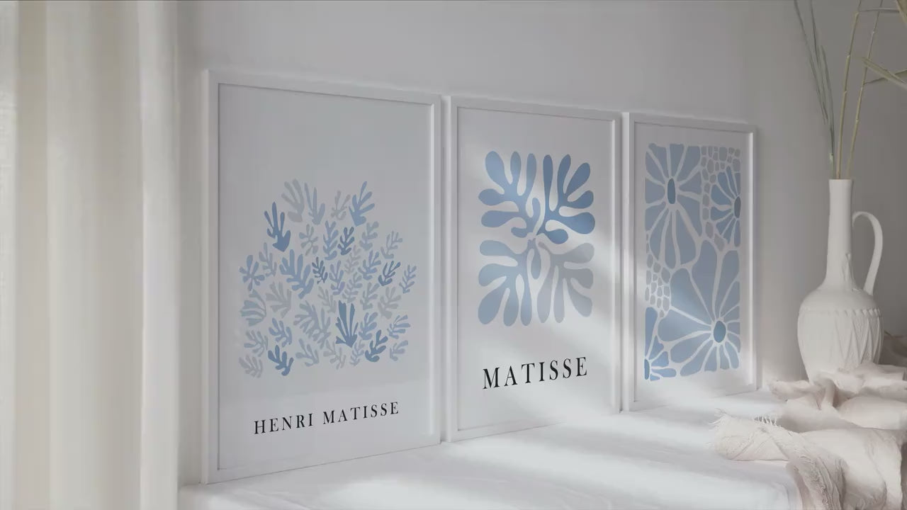 Blue Matisse set of 3 prints. Neutral minimalist mid century gallery wall set, vintage trendy Henri Matisse print, livingroom posters