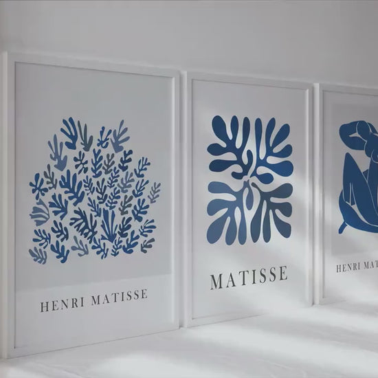 Navy blue Matisse print set of 3 prints. Neutral minimalist mid century modern gallery wall set, vintage trendy Henri Matisse posters.