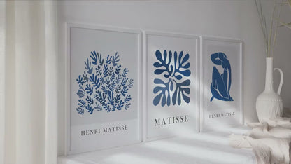 Navy blue Matisse print set of 3 prints. Neutral minimalist mid century modern gallery wall set, vintage trendy Henri Matisse posters.