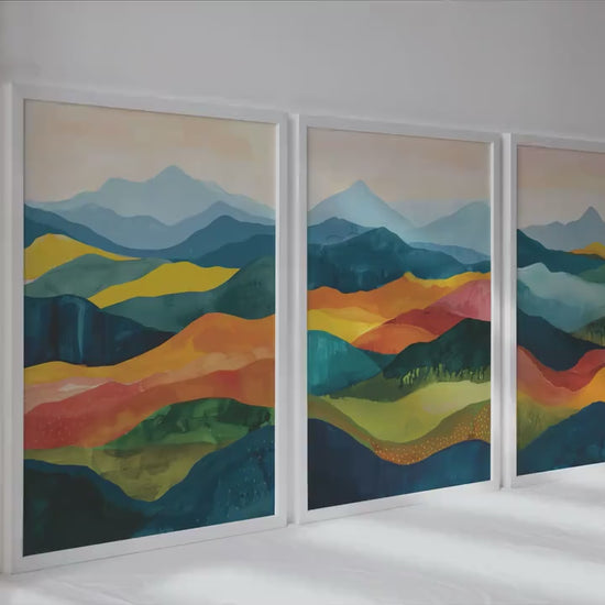 Colorful abstract mountains wall art set of 3 prints, Mid century modern large wall art prints, abstract painting, aesthetic room decor