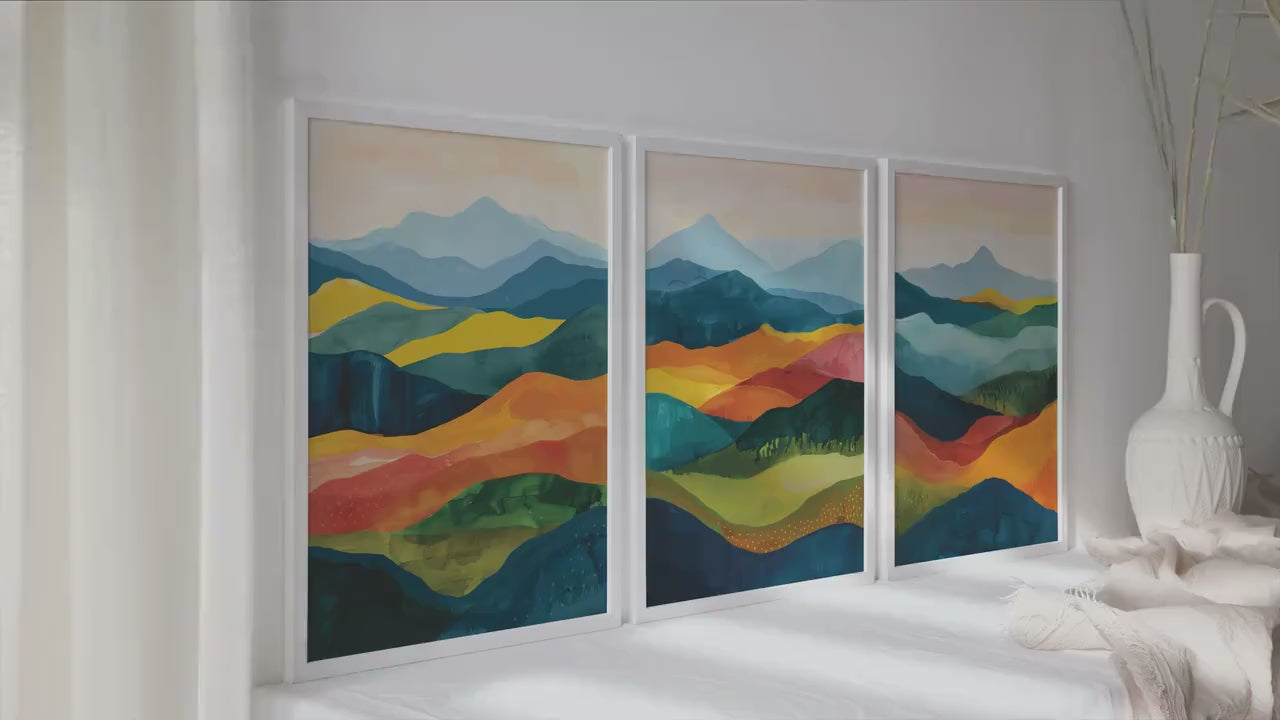 Colorful abstract mountains wall art set of 3 prints, Mid century modern large wall art prints, abstract painting, aesthetic room decor