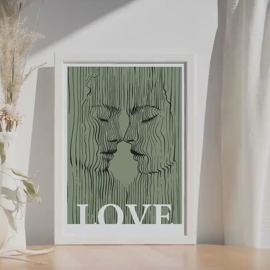 Sage green love couple print, minimalist kissing lovers portrait, abstract apartment decor, Extra large bedroom eclectic wall art poster