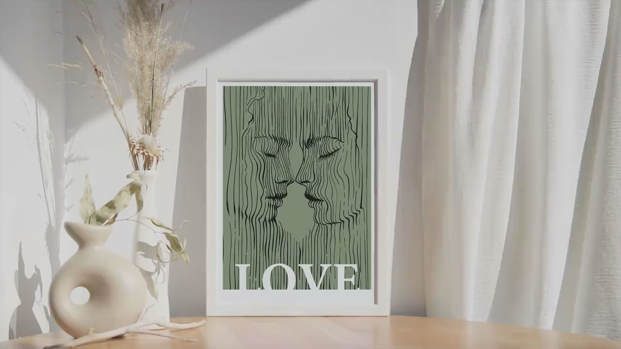 Sage green love couple print, minimalist kissing lovers portrait, abstract apartment decor, Extra large bedroom eclectic wall art poster