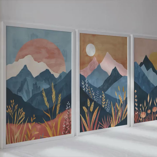 Colorful boho mountains wall art set of 3 print, mid century modern landscape posters, nature gallery wall set, aestetic room decor