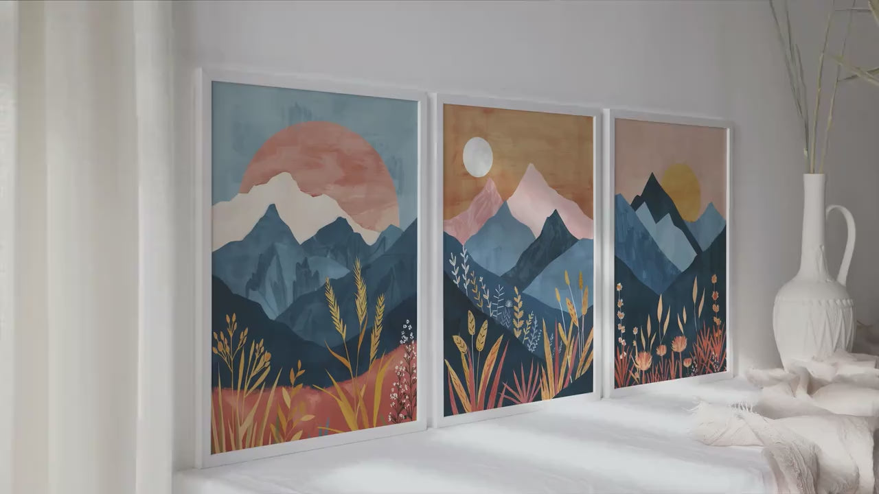 Colorful boho mountains wall art set of 3 print, mid century modern landscape posters, nature gallery wall set, aestetic room decor