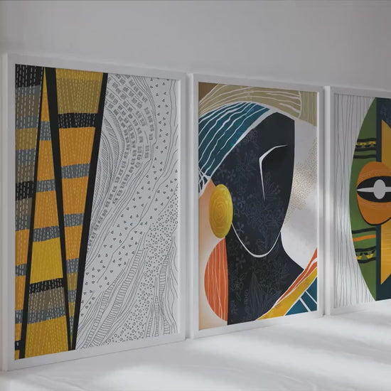 African american art set of 3 print. Modern colorful abstract large gallery wall set. Contemporary black woman portrait aesthetic room decor