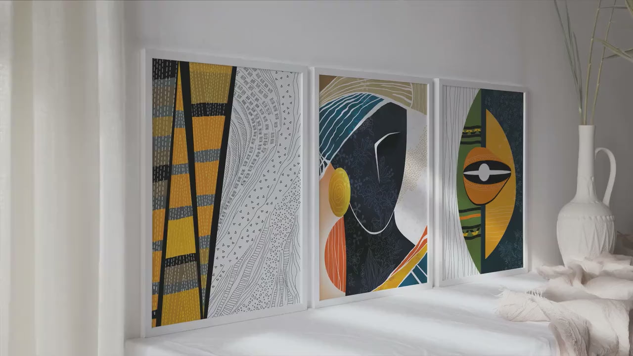 African american art set of 3 print. Modern colorful abstract large gallery wall set. Contemporary black woman portrait aesthetic room decor