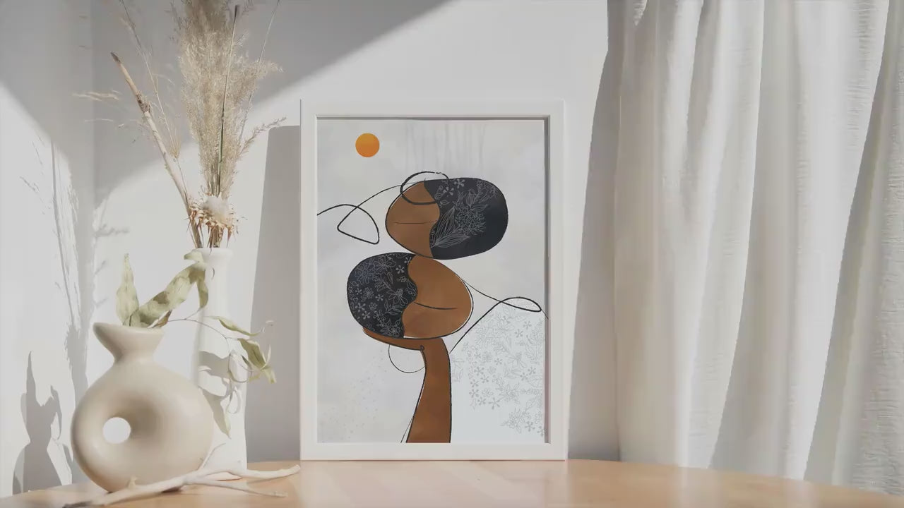 Modern neutral female african american art print. Contemporary black women portrait. Abstract african minimalist poster, ethnic room decor