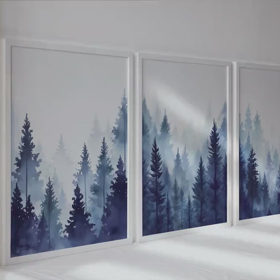 Navy blue foggy pine trees, mountain forest set of 3 prints. Nordic wall art, mountain foggy nature wall art, watercolor pine trees