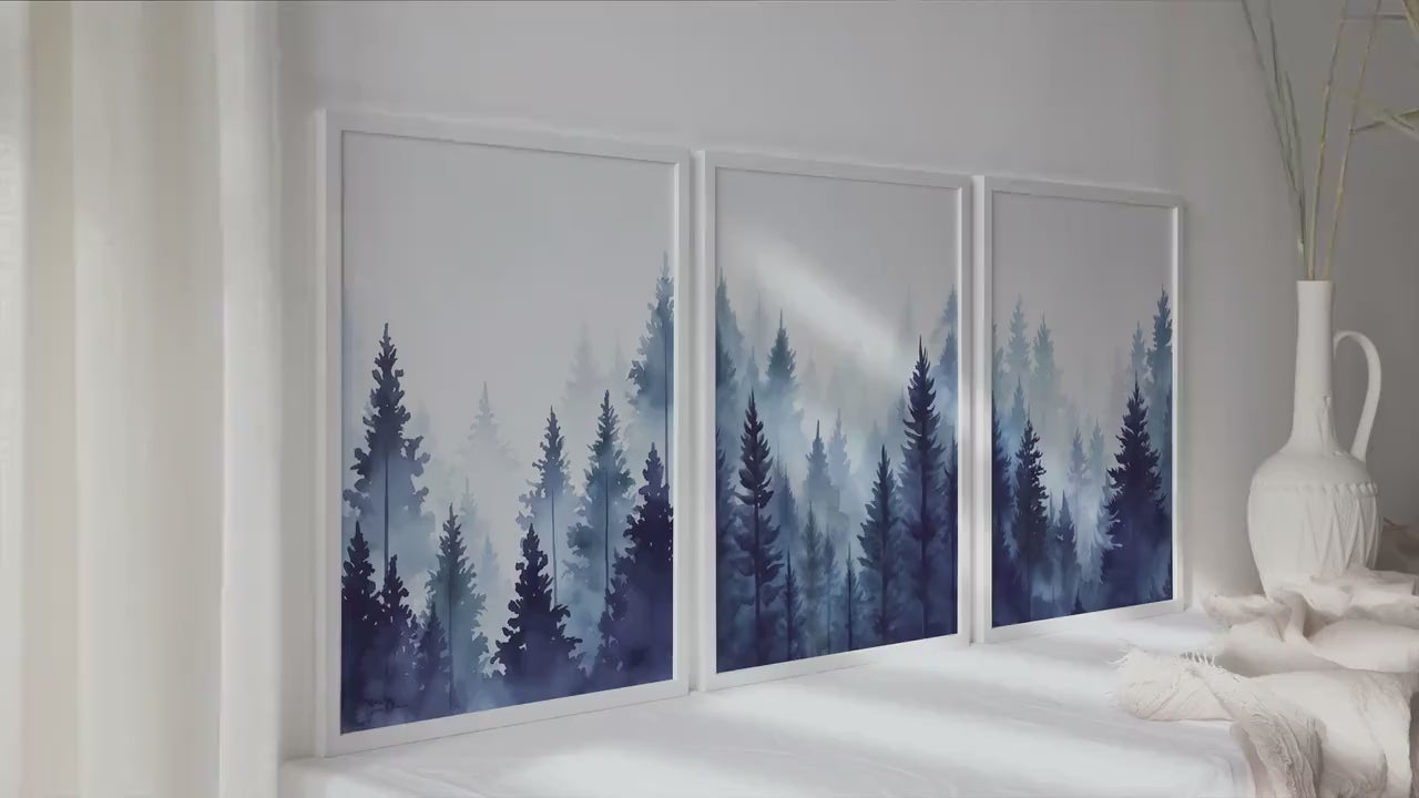 Navy blue foggy pine trees, mountain forest set of 3 prints. Nordic wall art, mountain foggy nature wall art, watercolor pine trees