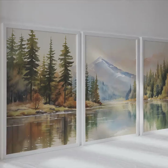 Neutral mountain lake set of 3 prints. Modern forest landscape gallery wall set.  Nature 3 piece wall art, nordic aesthetic room decor