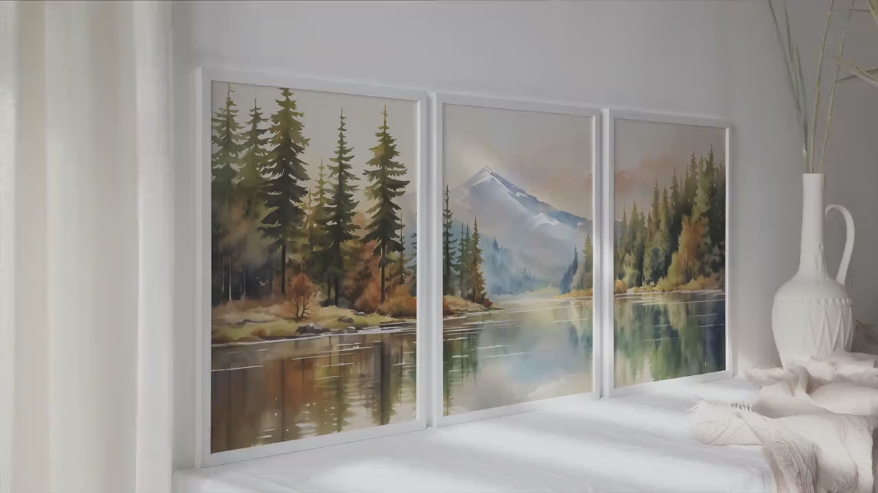 Neutral mountain lake set of 3 prints. Modern forest landscape gallery wall set.  Nature 3 piece wall art, nordic aesthetic room decor