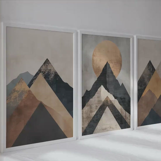 Neutral terracotta mountain wall art set of 3 prints. Mid century modern simple urban gallery wall set. Minimalist aesthetic abstract poster