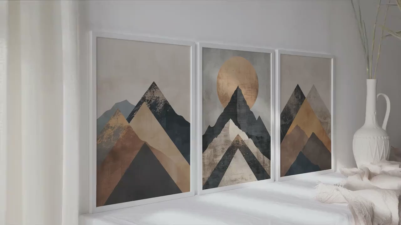 Neutral terracotta mountain wall art set of 3 prints. Mid century modern simple urban gallery wall set. Minimalist aesthetic abstract poster