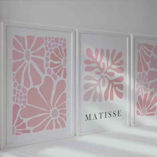 Abstract pink floral Matisse print set of 3. Neutral minimalist mid century gallery wall set, vintage trendy  poster set